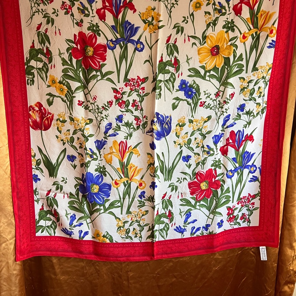 Vintage Liz Claiborne Bright Floral Silk Scarf with Red Border Stunner!